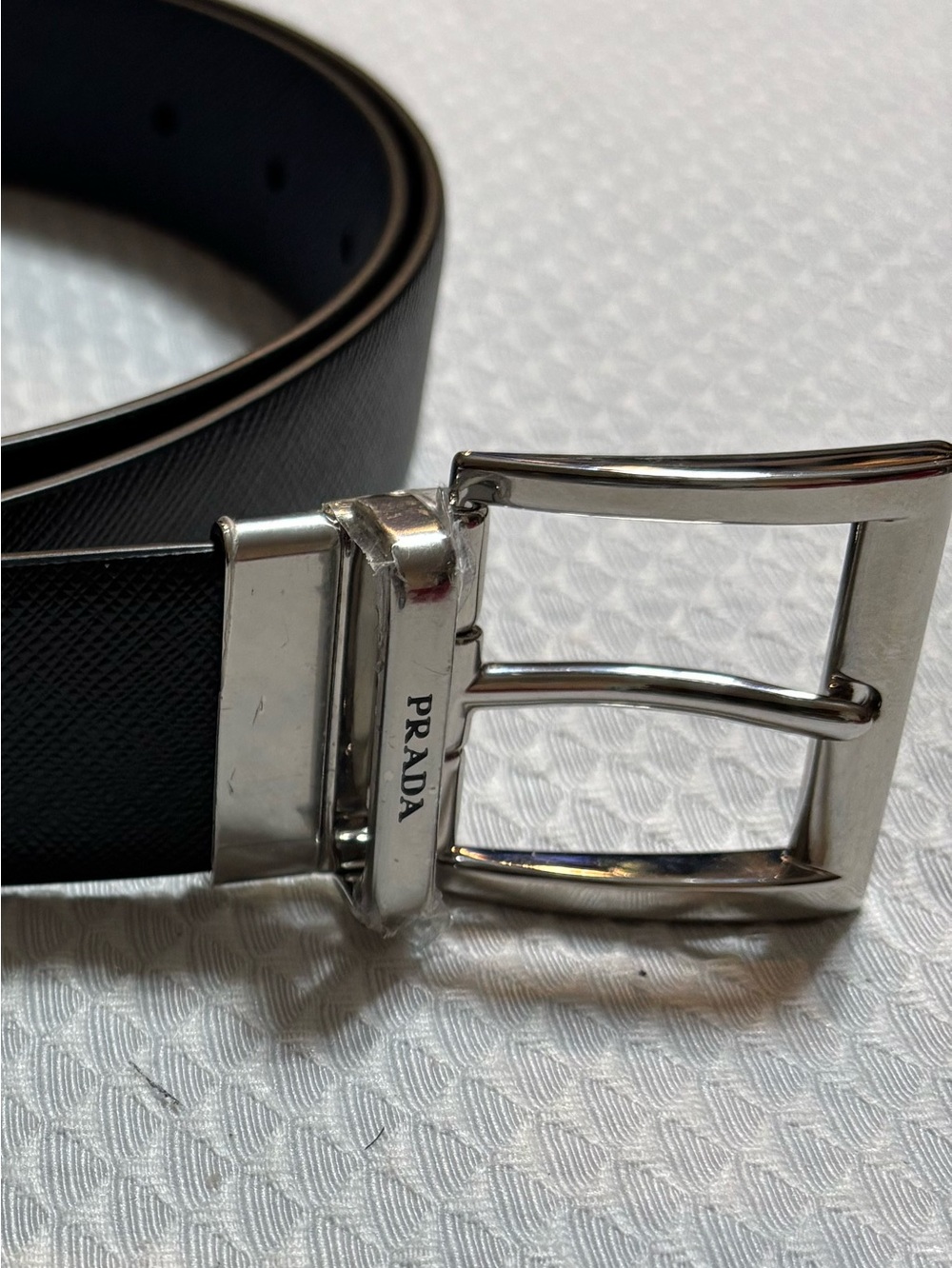 Prada Black Saffiano Leather Belt with Silver Buckle